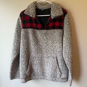 Cozy Tan and Red Plaid Woman’s Fleece Pullover | XL